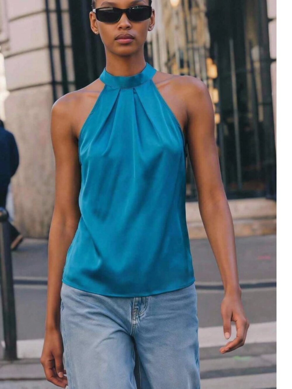 Teal Blue Satin Halter Blouse Top